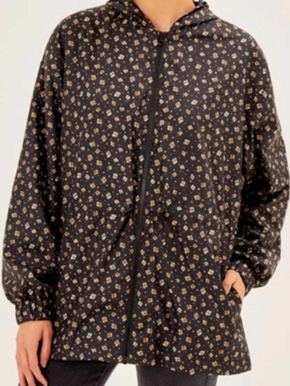 Maria Filo floral hooded windbreaker jacket black, brown women's size 6